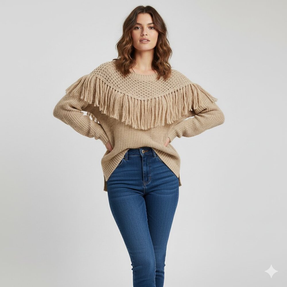 Forever 21 Women’s Chunky Knit Sweater Fringe Western Boho Hippie Chic Cottage